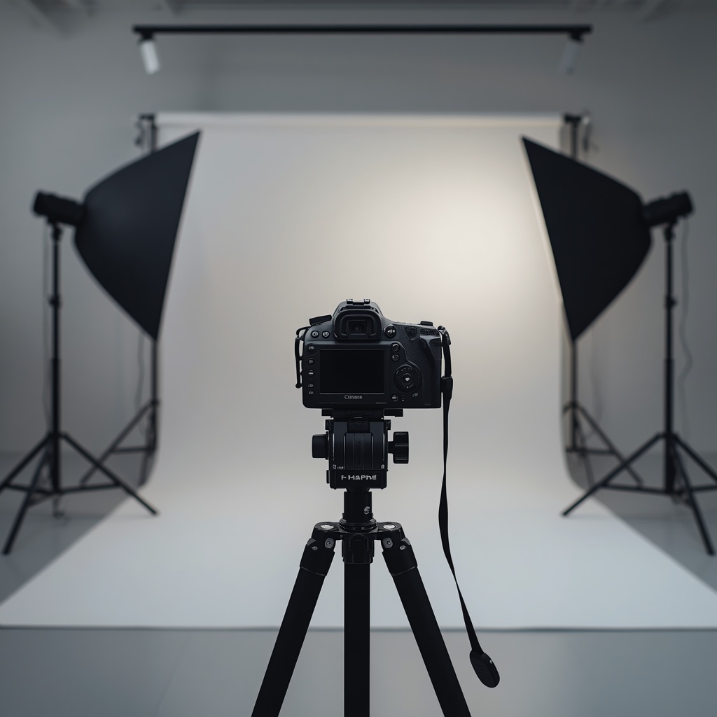 A professional DSLR camera with lens on a tripod in a modern photography studio with soft lighting and clean backdrop